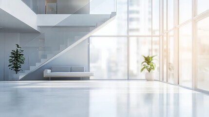 Fototapeta premium Modern, sunlit office interior with glass walls, minimalist furniture, and natural light. A serene workspace environment.
