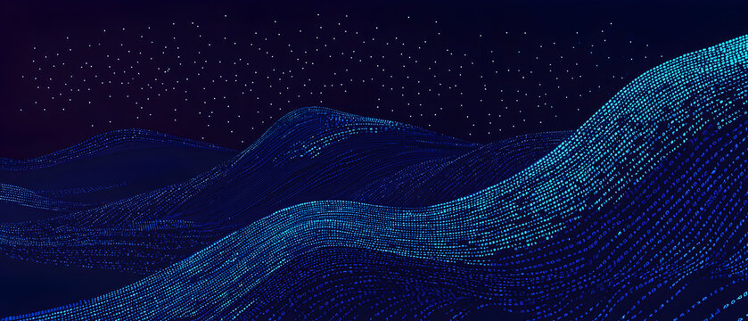 A flat vector illustration of a coding concept, deep blue theme, technology background, code snippets flowing across, binary codes integrated into the design, subtle glow effects, dark blue tones