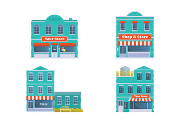 Shop and store building collection, vector illustration premium detail flat, front view.	