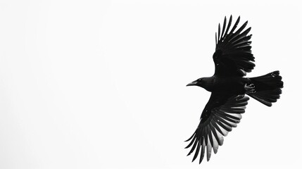 Black bird in flight against a white sky, symbolizing freedom