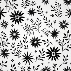 Fototapeta premium Seamless pattern of black flowers and branches on a white background.