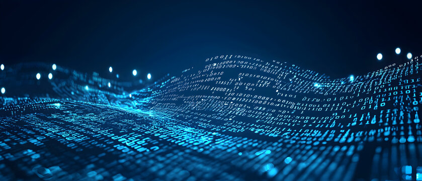 A flat vector illustration of a coding concept, deep blue theme, technology background, code snippets flowing across, binary codes integrated into the design, subtle glow effects, dark blue tones