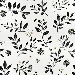 Seamless pattern of black leaves and white flowers on a white background.