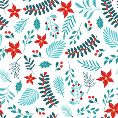 Hand drawn floral winter seamless pattern with christmas tree branches and berries. 