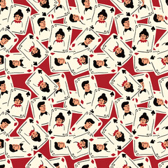 Bright vibrant pattern with Playing cards with Jack and Queen of Spades. Playing cards background
