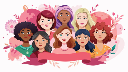 Happy Women's day celebration banner, women group for International Women&rsquo;s day, 8 march, multiple women faces graphic illustration, horizontal copy space on pastel pink watercolor style background. 