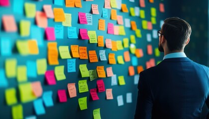 A professional reflects on colorful sticky notes displayed on a wall, capturing ideas and strategies during a brainstorming session. The vibrant colors enhance creativity and inspiration.