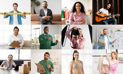 A collage of twelve different individuals representing a variety of occupations. Diverse people posing at their workplaces