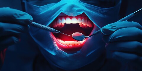A dramatic dental examination scene highlighting a bright, open mouth illuminated by blue light, as a dentist prepares to inspect teeth with tools, symbolizing oral health care.