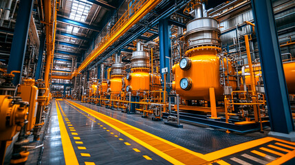 Obraz premium Futuristic Chemical Plant with Reactors and Pipelines Processing Industrial Chemicals