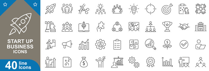 Startup business icons set. Idea, launch, growth, investment, pitch, teamwork, innovation, networking, business plan and more. vector illustration.