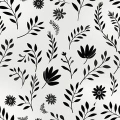 Fototapeta premium Seamless pattern with black floral elements on a white background.
