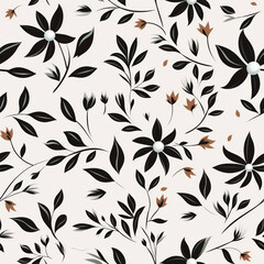 Seamless pattern with black flowers and leaves on a light background.