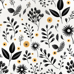 Seamless pattern with black floral elements on a white background.