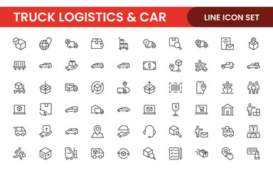 Truck Logistics and Car related modern icon set. Transportation editable line icon illustration collection