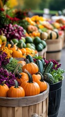 Vibrant market display featuring fresh pumpkins and assorted vegetables in rustic baskets, perfect for autumn decorations.
