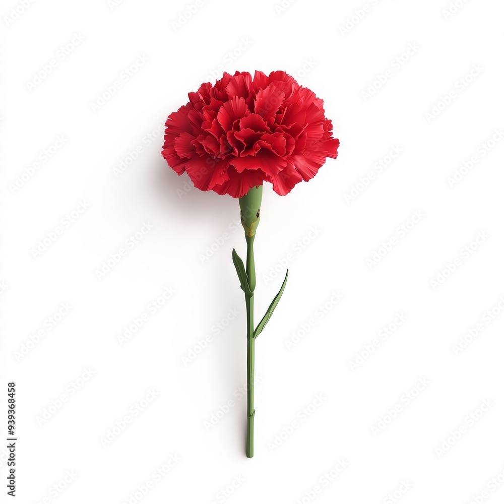 Poster a 3d single icon of a red carnation with detailed petals and a green stem designed in a minimalistic