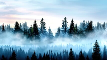 Obraz premium Serene forest with misty fog enveloping tall pine trees, creating a peaceful and tranquil atmosphere during sunrise.