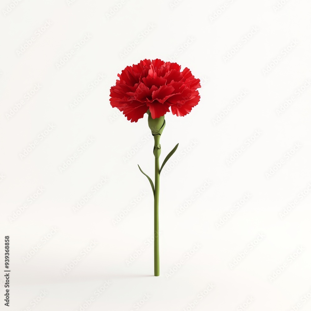 Poster a 3d single icon of a red carnation with detailed petals and a green stem designed in a minimalistic