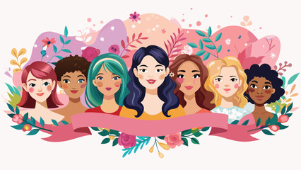 Fototapeta premium Happy Women's day celebration banner, women group for International Women’s day, 8 march, multiple women faces graphic illustration, horizontal copy space on pastel pink watercolor style background. 
