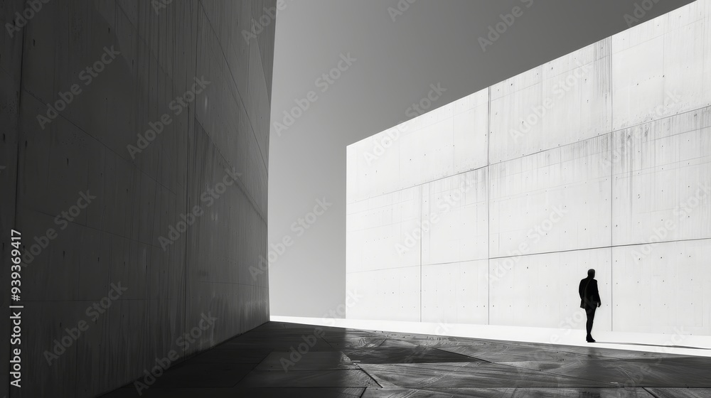 Canvas Prints A black and white photograph of a solitary figure walking through a vast minimalist architectural space, symbolizing isolation.