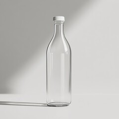 Fototapeta premium Clear glass bottle with a white lid on a white background.