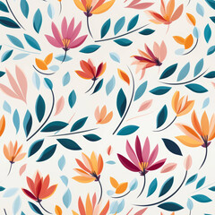 Fototapeta premium Seamless pattern with stylized flowers and leaves in pink, orange, yellow, blue and green on a white background.