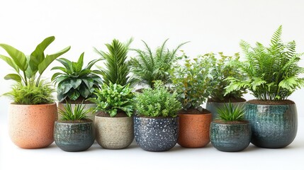 Fototapeta premium diverse collection of lush indoor plants in stylish ceramic pots arranged artfully against a crisp white background showcasing various textures and shades of green