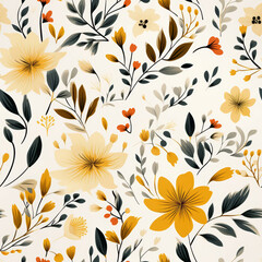 Seamless pattern with yellow and orange flowers on a white background.