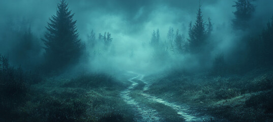 Fototapeta premium A misty forest path on a dark and melancholic night, evoking a sense of horror and mystery. Suitable for Halloween-themed projects or spooky storytelling.