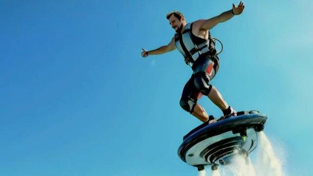 Athletic Man Hovering Above Water on a Flyboard and Making a Splash