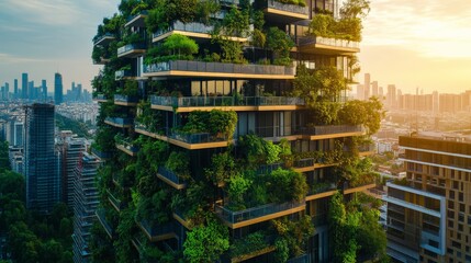 Modern urban building with lush vertical gardens at sunset, showcasing sustainable architecture and green living in a city environment.