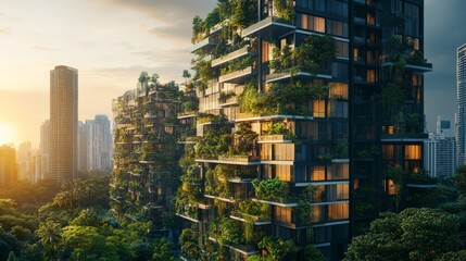Obraz premium Modern urban green buildings covered in plants at sunset, showcasing sustainable architecture in a city skyline with skyscrapers.