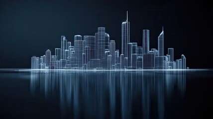 Fototapeta premium Wireframe cityscape reflected on a river, merging reality with digital elements