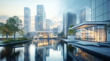 Naklejka premium Modern urban skyline with high-rise buildings reflecting in calm water, showcasing contemporary architecture and serene cityscape aesthetics.