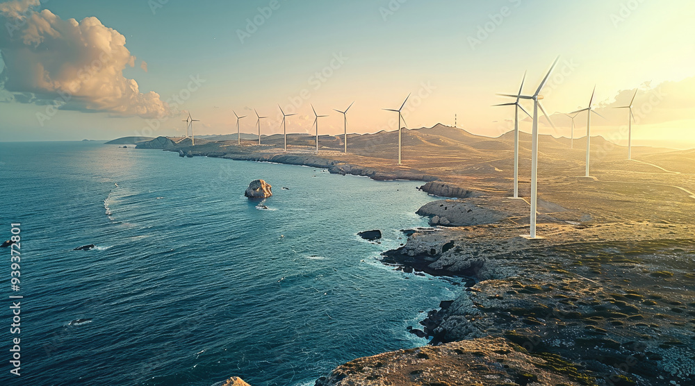 Poster A coastal wind farm with turbines extending into the sea. Generative AI.