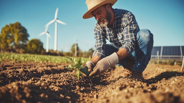 A farmer planting seeds in a field with wind turbines and solar panels in the background, symbolizing the integration of sustainability in agriculture. - Powered by Adobe