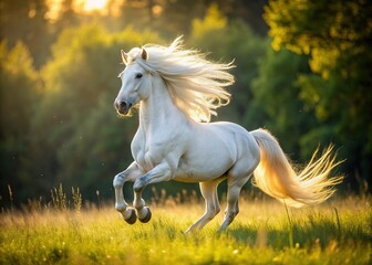 Fototapeta premium Majestic white horse with intricate Dasi horse breed markings, galloping freely in a sunny meadow, its flowing mane and tail a striking sight.