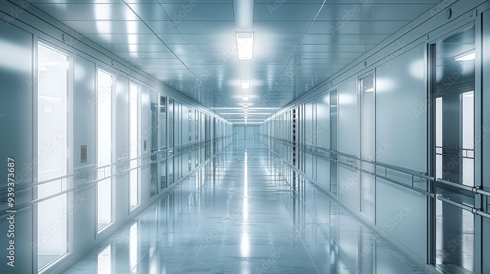 Poster an empty prison corridor with light-gray walls and a large glass wall on the left, the corridor lit 