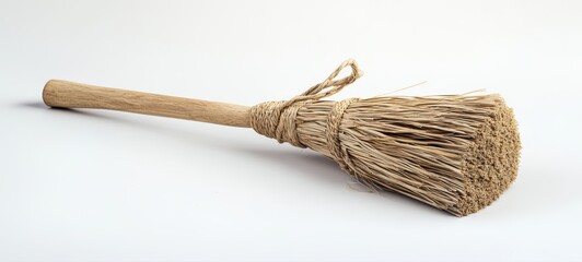 A decorative broomstick with a rustic wooden handle and straw bristles, set on a white surface