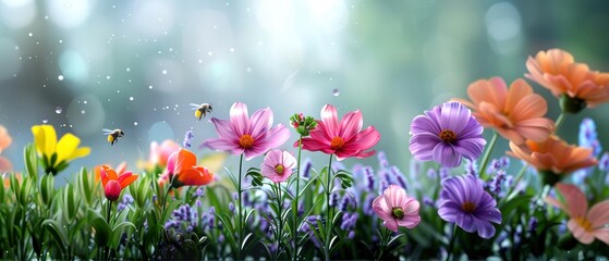 Obraz premium Vibrant spring flowers and bees in a lush garden with a dreamy, blurred background. Perfect for nature and gardening themes.