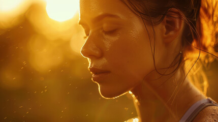 A close-up of a woman catching her breath after a run, beads of sweat on her forehead, serene