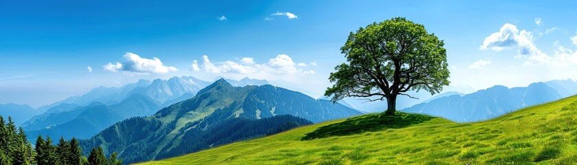Obraz premium Panoramic view of serene green landscape with single tree on grassy hill, majestic mountains, and clear blue sky on a sunny day.
