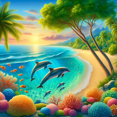  Two dolphins jump and peek out of the wide beautiful sea under the blue sky with big white clouds
