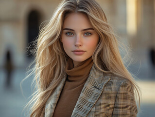 Obraz premium A woman with blonde hair is walking in Europe, and has a smile on her face.
