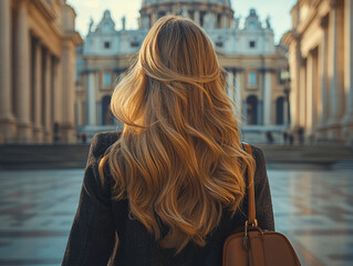 A woman with blonde hair is walking in Europe,  and has a smile on her face.