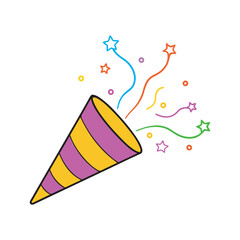 Confetti party popper icon, bright cartoon birthday cracker, celebration icon, vector illustration.
