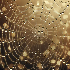 A close-up of a delicate spiderweb adorned with glistening morning dew drops

