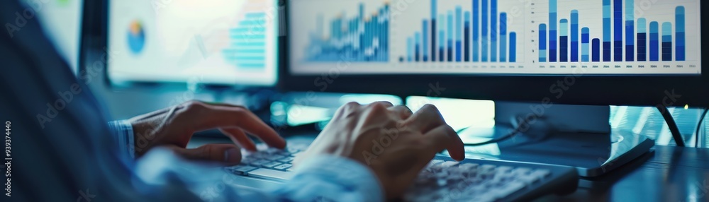 Poster a close-up shot of hands typing on a keyboard in front of multiple monitors displaying graphs and ch