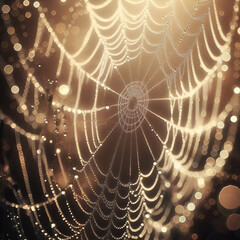 Delicate spiderwebs, adorned with morning dew, glisten in the gentle embrace